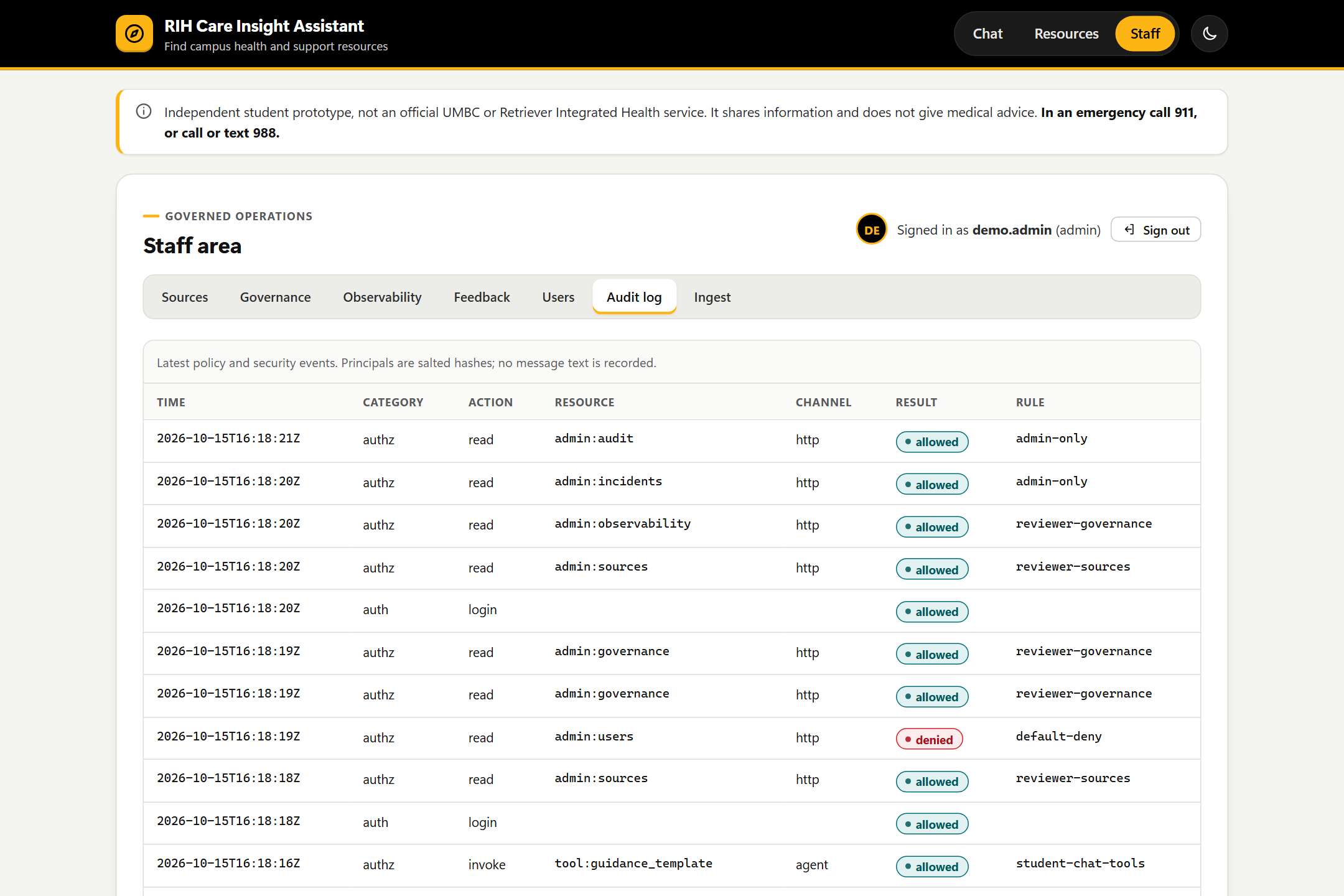 Admin audit log listing allowed and denied policy decisions with the rule that decided each
