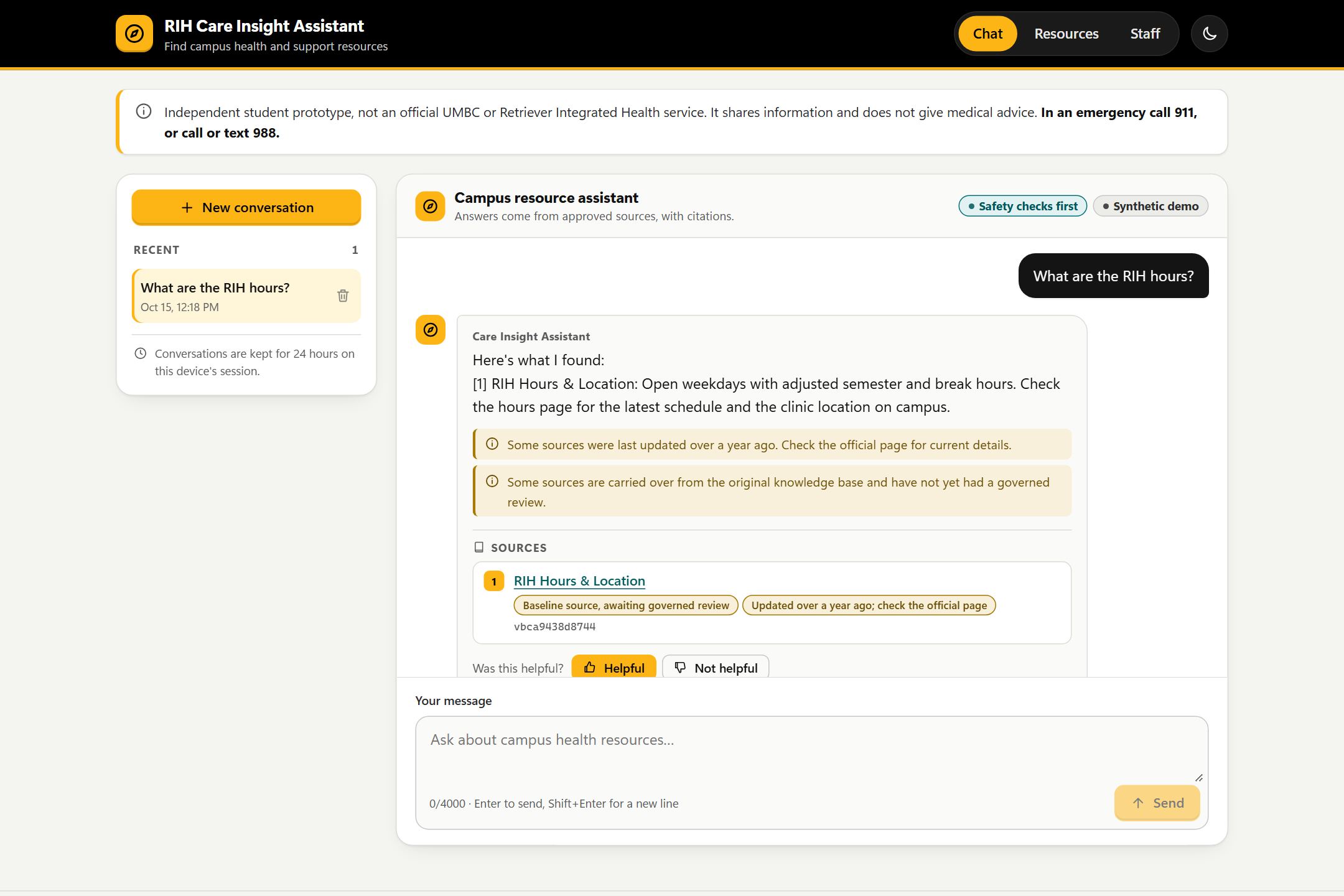 Student chat: an answer about RIH hours with a numbered source citation, a baseline-review label, freshness notices and feedback buttons