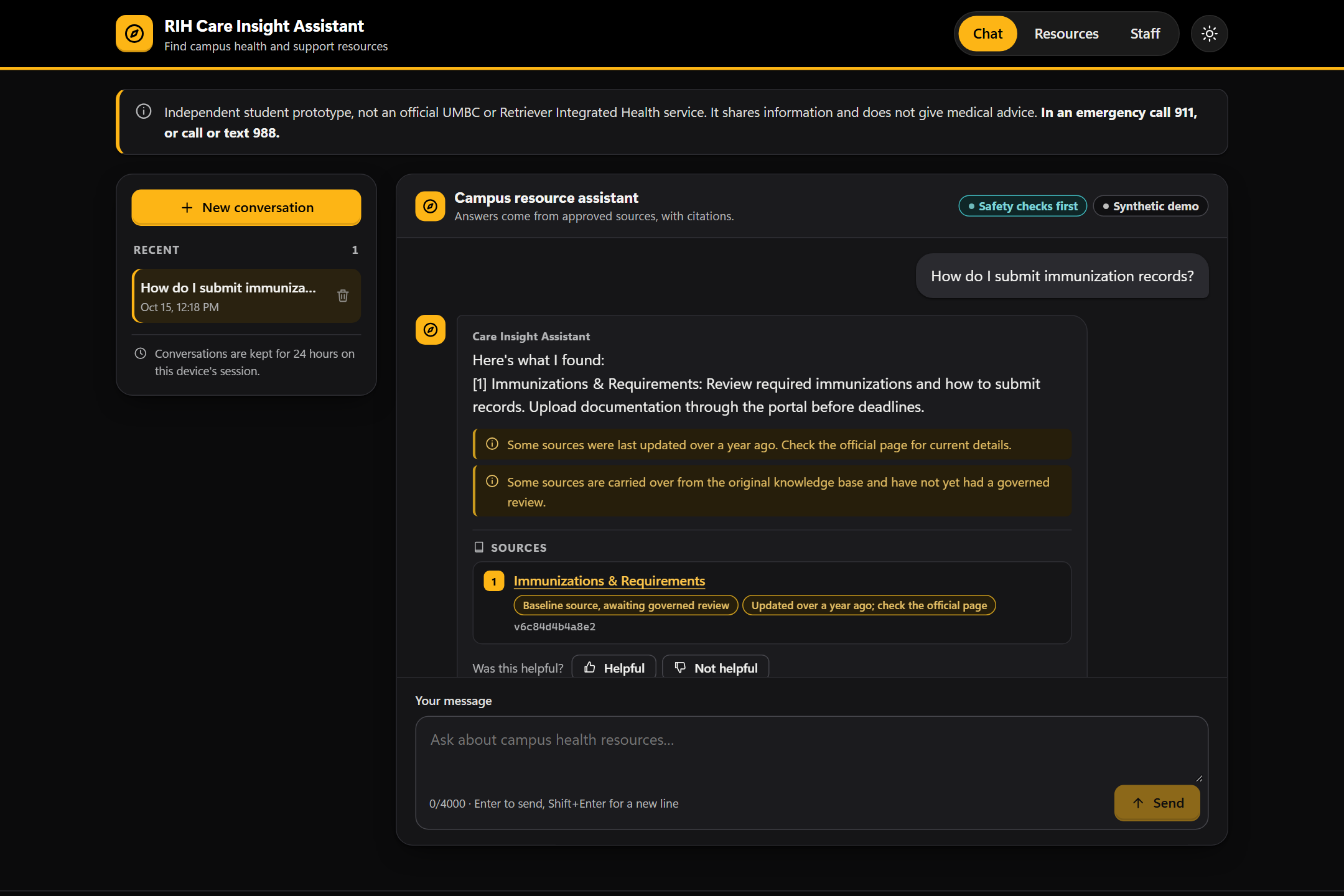 A cited answer about immunization records in the dark theme