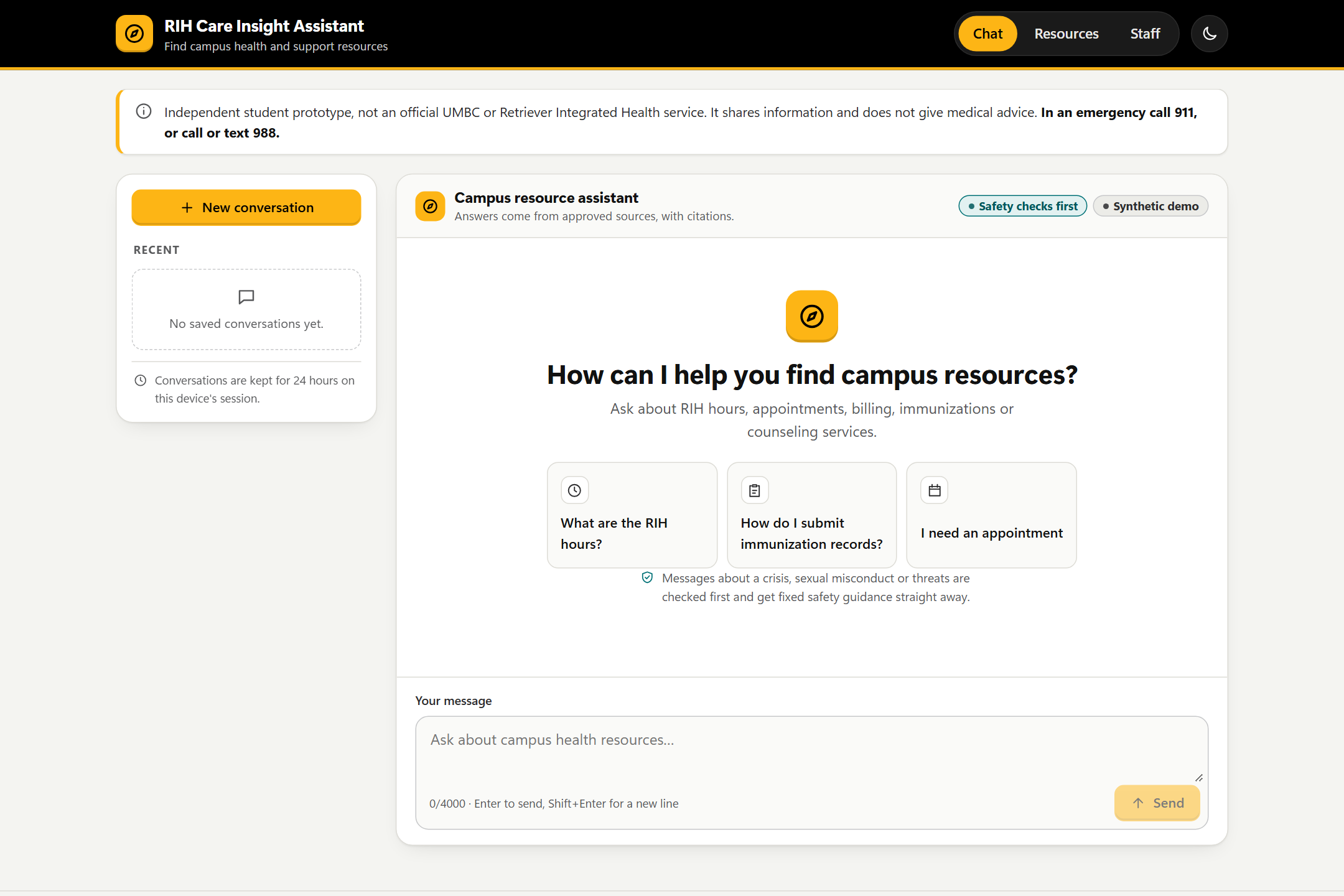 Welcome screen with three example questions and a note that crisis, misconduct and threat messages are checked first