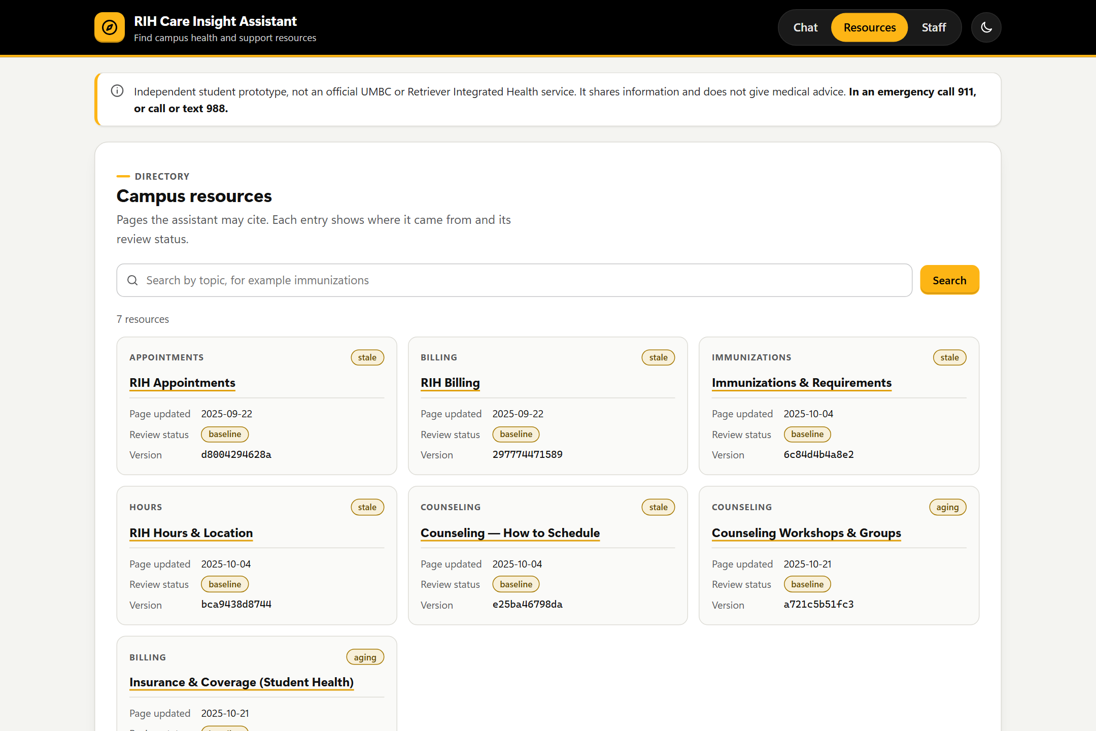 Resource directory cards showing category, freshness, review status and content version for each source