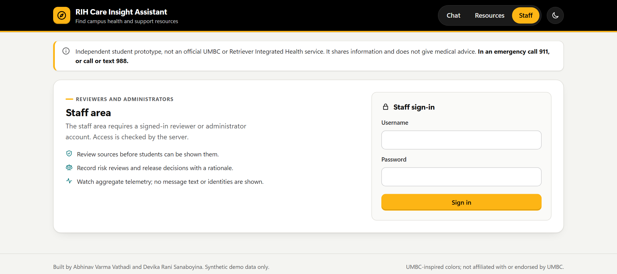 Staff sign-in page with empty username and password fields