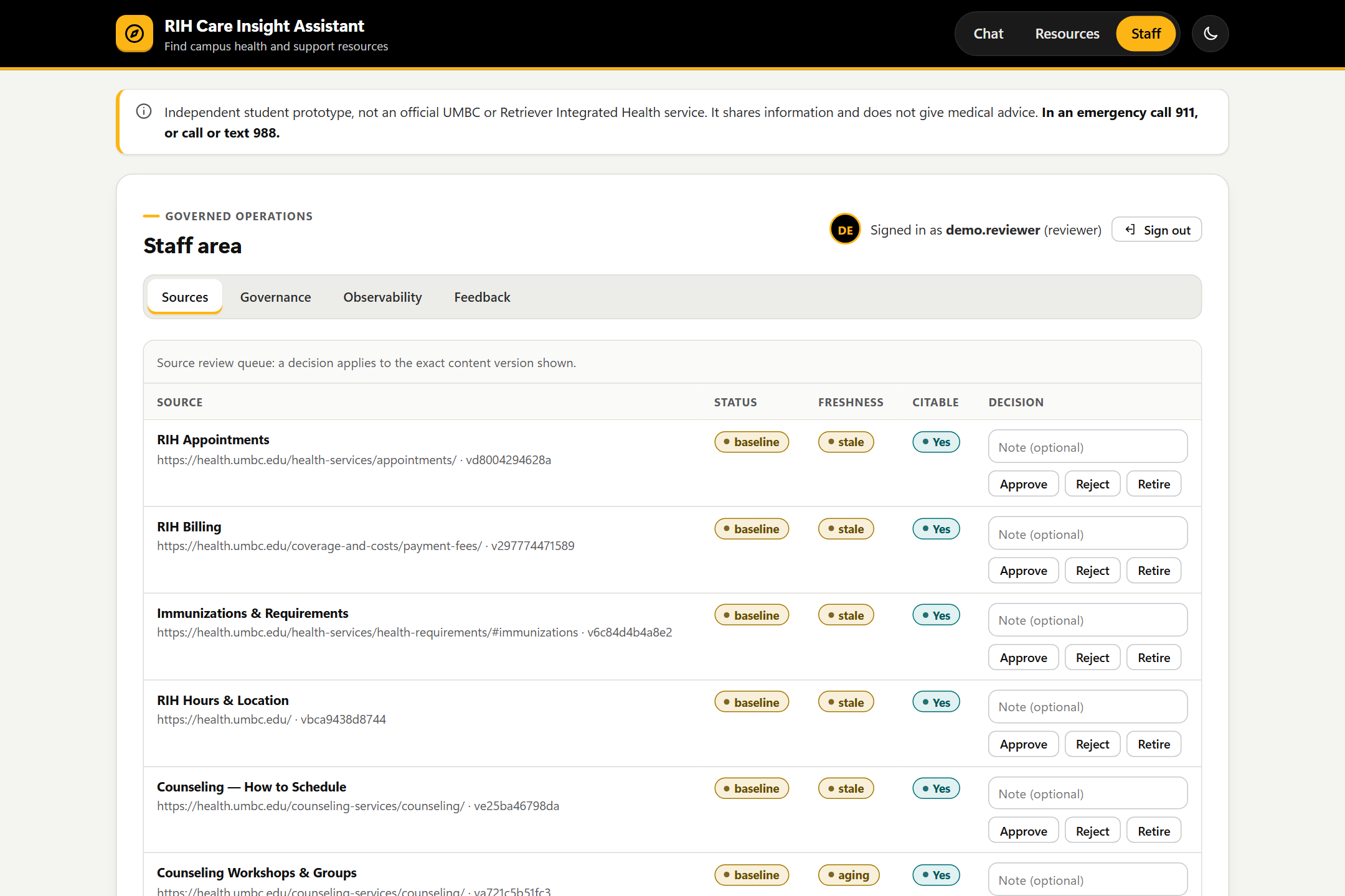 Reviewer source queue listing each source with status, freshness, citability and approve, reject and retire actions